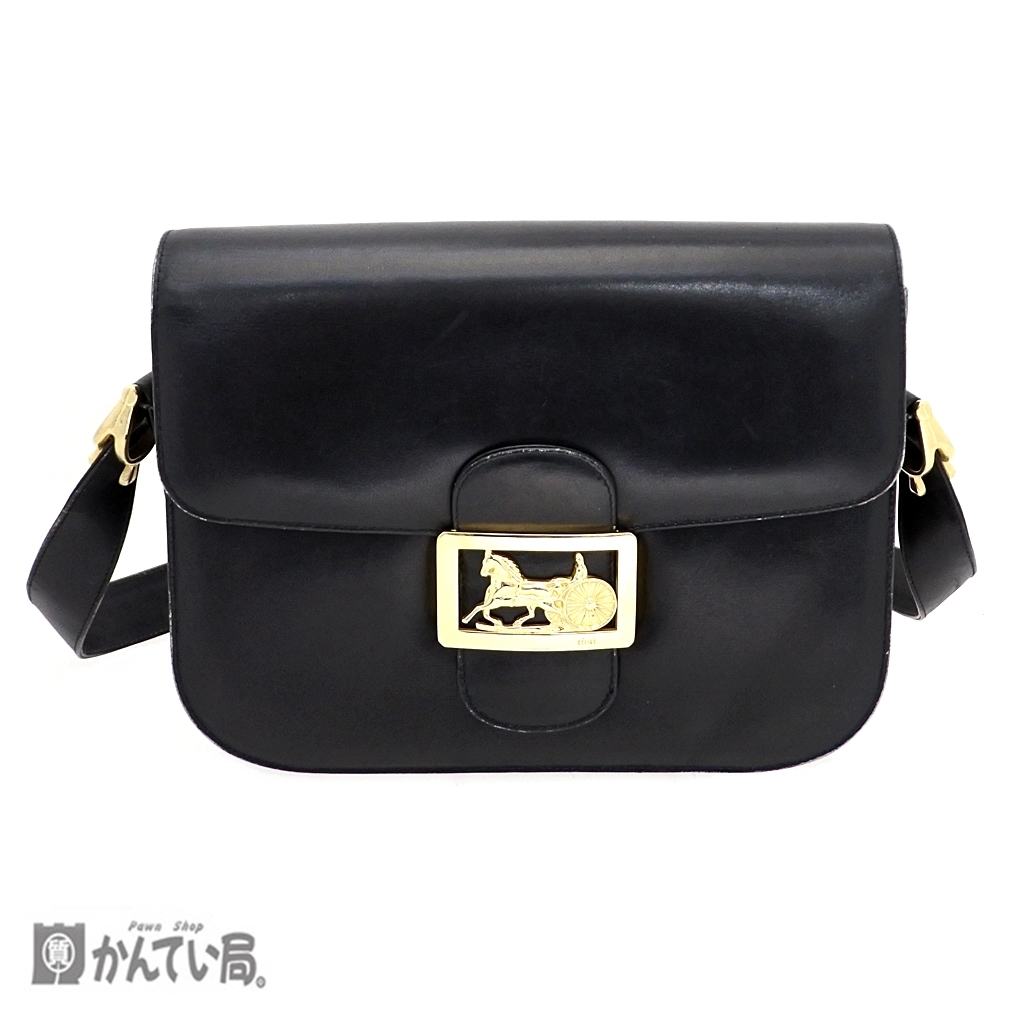 CELINE セリーヌ レザー ショルダーバッグ ブラック 黒 ヴィンテージ