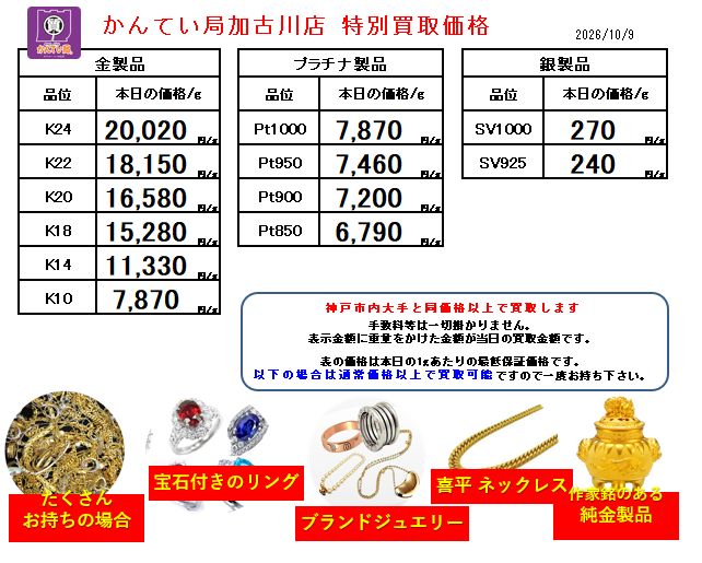 本日の貴金属買取価格