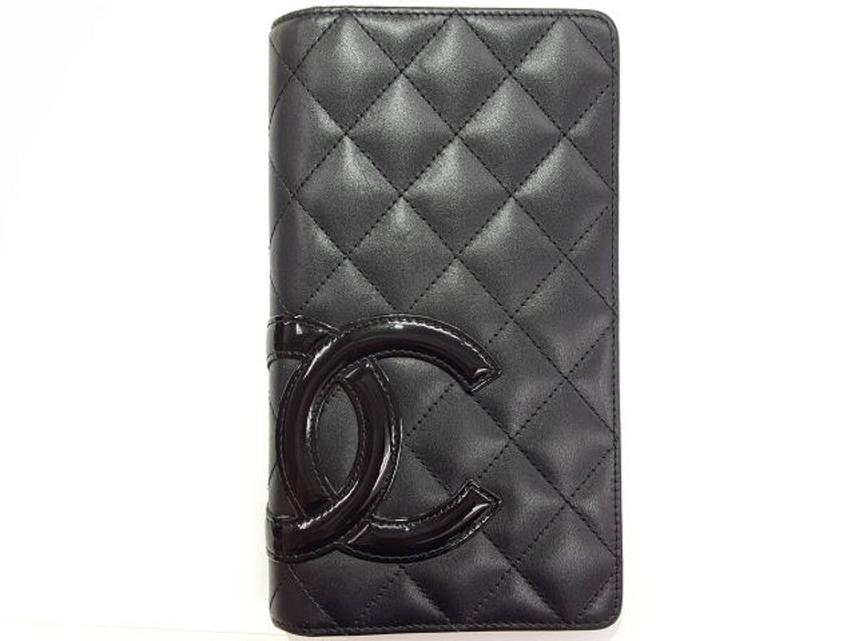 CHANEL シャネル 二つ折り長財布 A26717 カンボンライン 黒×黒 レザー