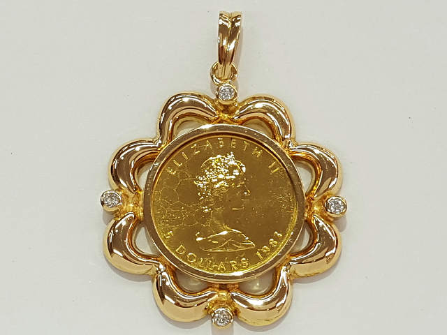 ガラス付きメイプルリーフコインペンダントトップ K18枠 K24 1