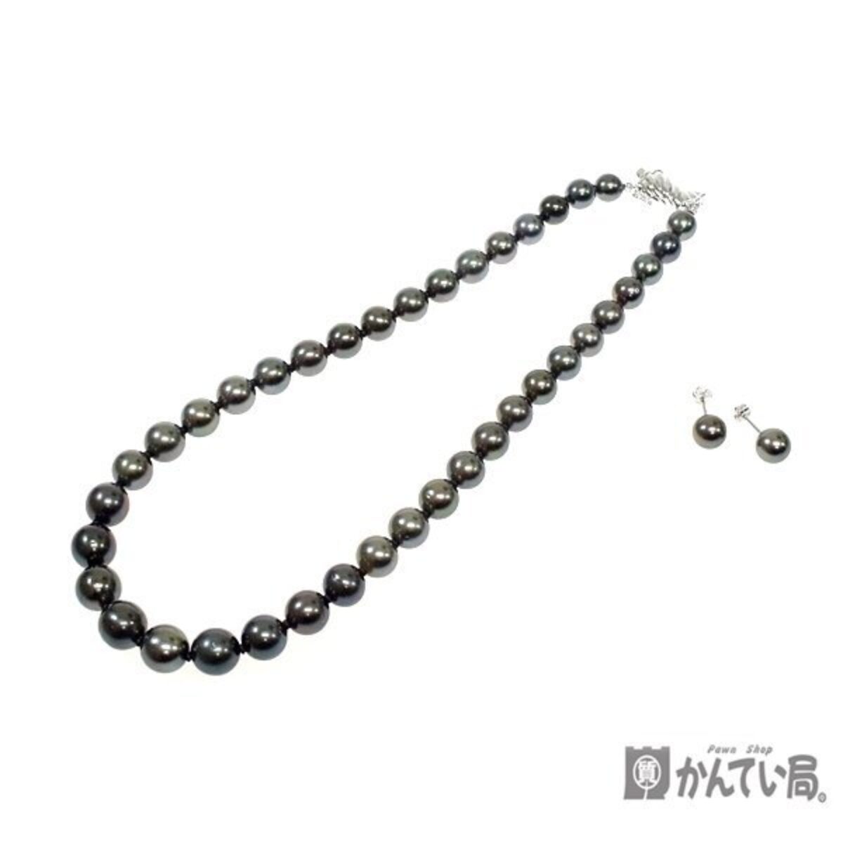 南洋黒蝶真珠 Ｋ14ＷＧ ネックレス 585 ピアスセット 8.2ｍｍ～10.9