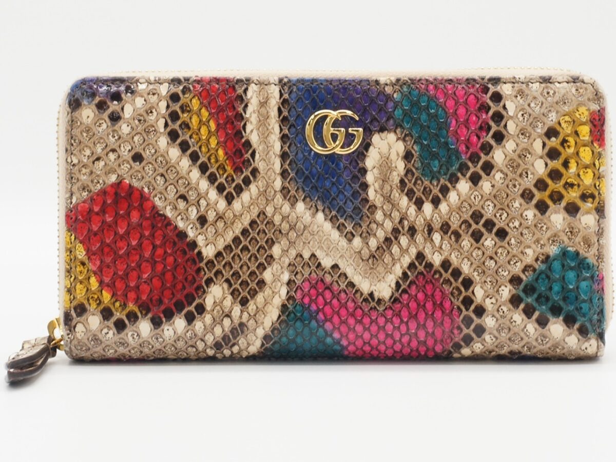 GUCCI パイソン GGマーモント ラウンドファスナー 長財布 ブラウン系