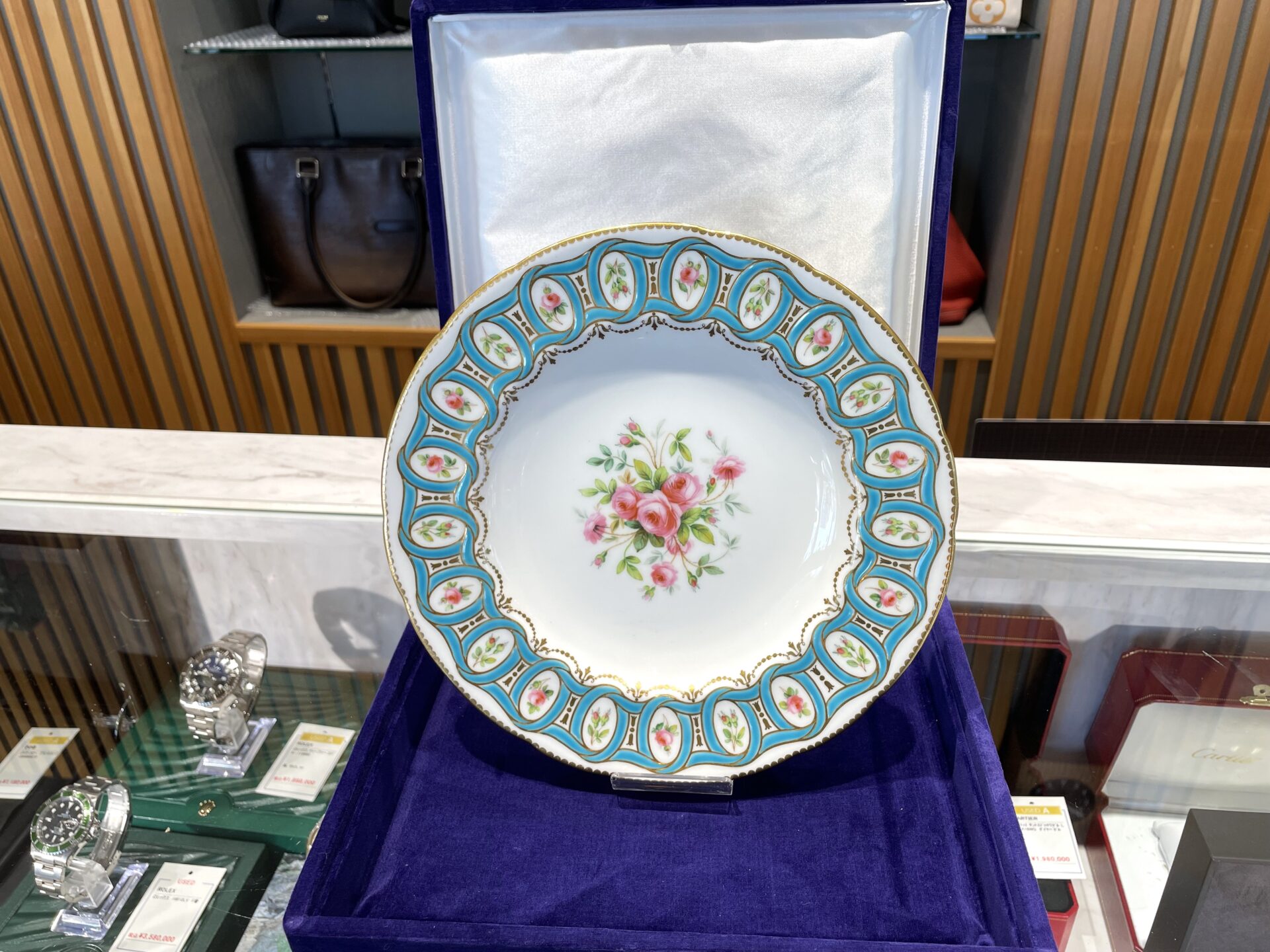 アンティーク 1858年製 ミントン【MINTON】バラ絵飾皿 トルコ石ブルー