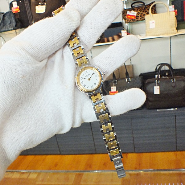 エルメス クリッパー レディース 腕時計 白盤 デイト コンビ 初期モデル２．６ｃｍ