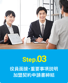 Step.03 役員面接・重要事項説明 加盟契約申請書締結